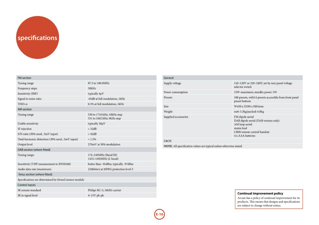 Arcam T32 manual Specifications, Continual improvement policy 