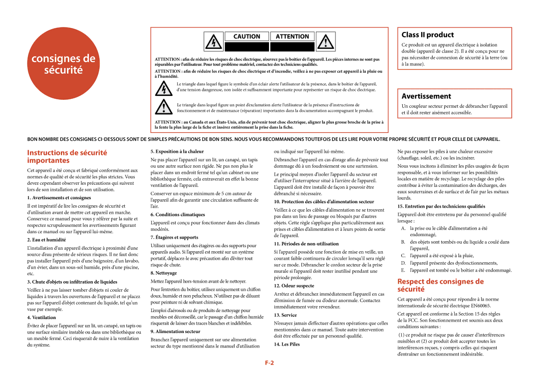 Arcam T32 manual Consignes de Sécurité, Class II product, Avertissement, Instructions de sécurité importantes 