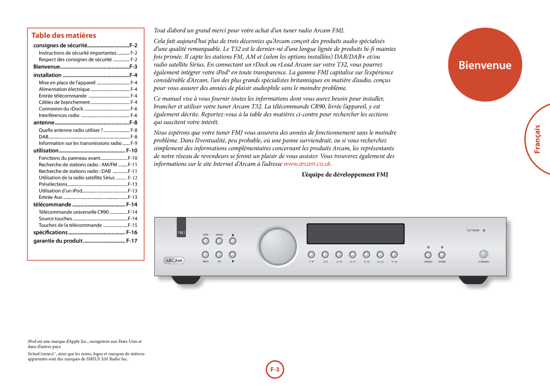 Arcam T32 manual Table des matières, Français 