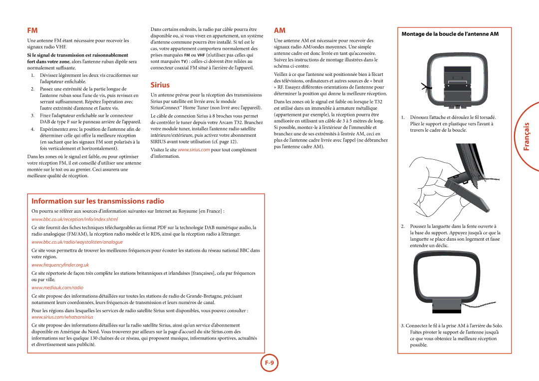 Arcam T32 manual Français Information sur les transmissions radio, Montage de la boucle de l’antenne AM 