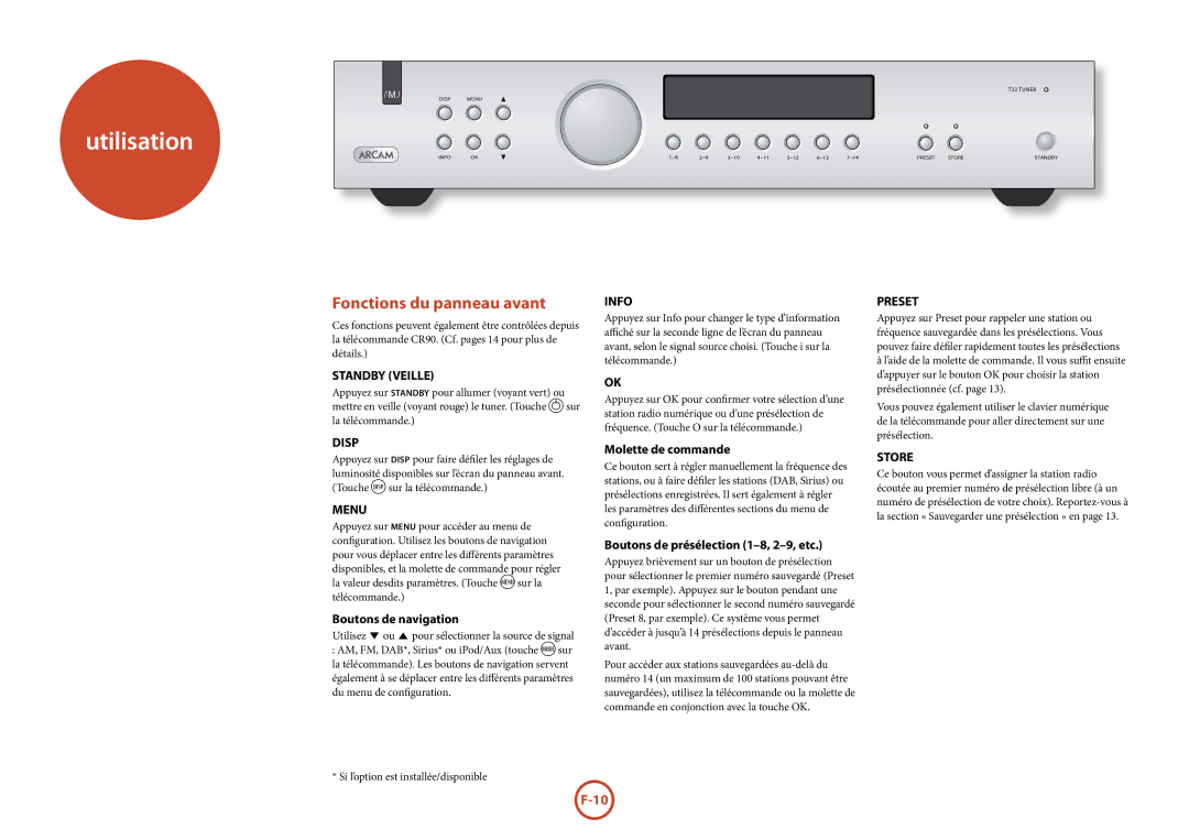 Arcam T32 manual Utilisation, Fonctions du panneau avant, Boutons de navigation, Molette de commande 