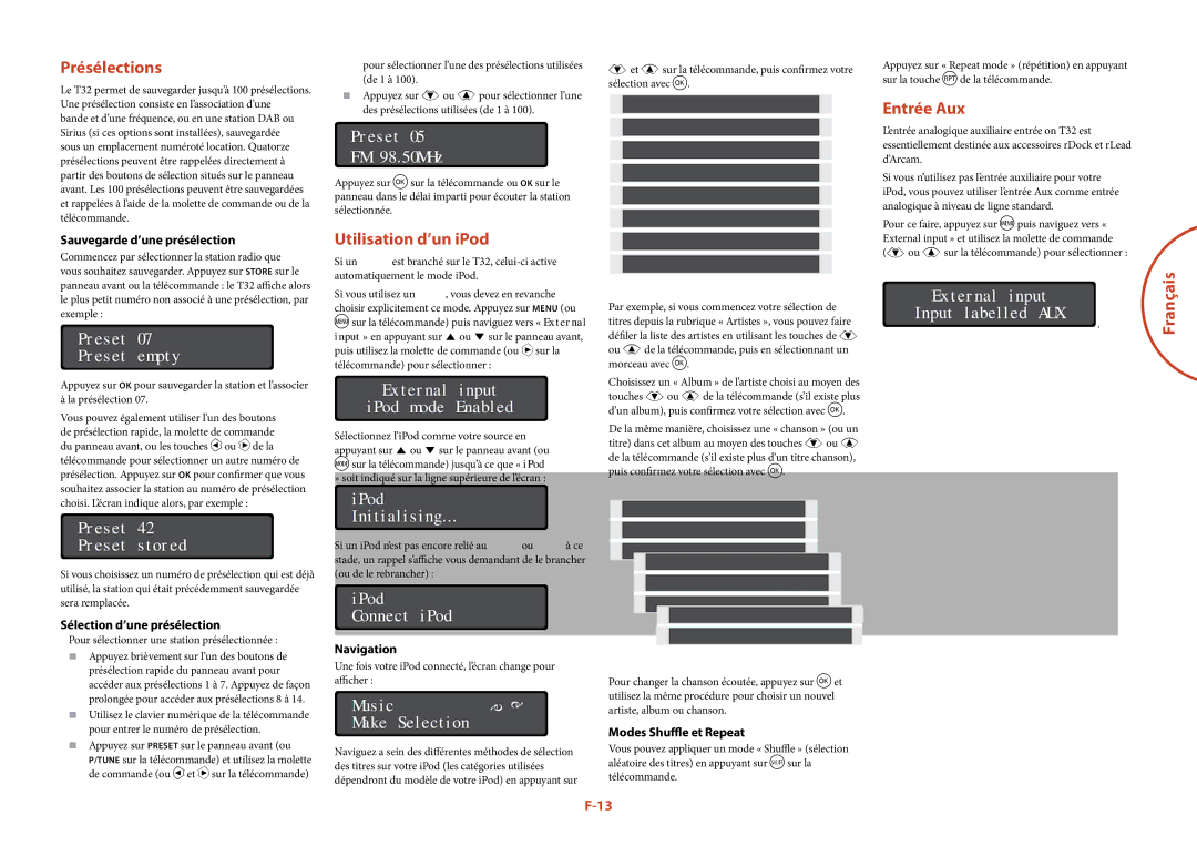 Arcam T32 manual Présélections, Utilisation d’un iPod, Entrée Aux 