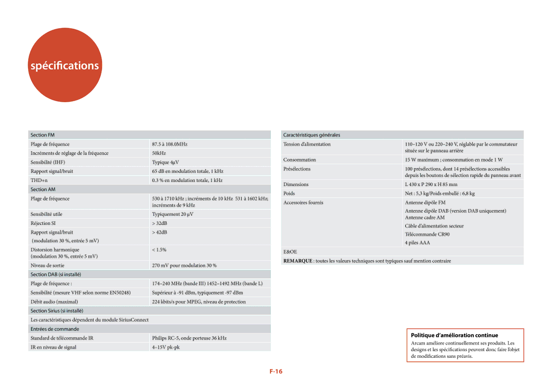 Arcam T32 manual Spécifications, Politique d’amélioration continue 