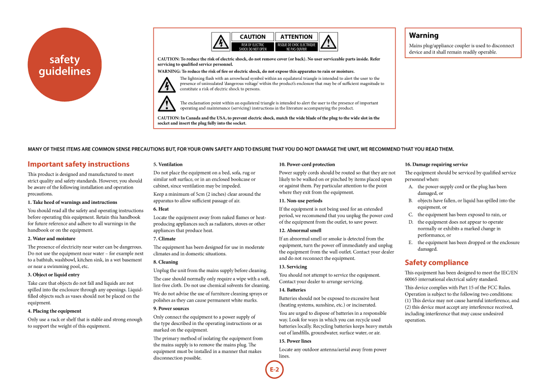 Arcam T32 manual Safety Guidelines, Important safety instructions, Safety compliance 