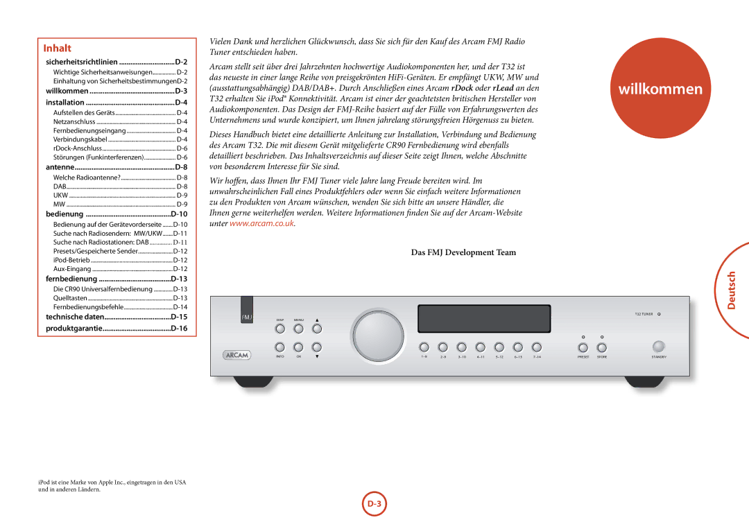 Arcam T32 manual Inhalt, Deutsch 