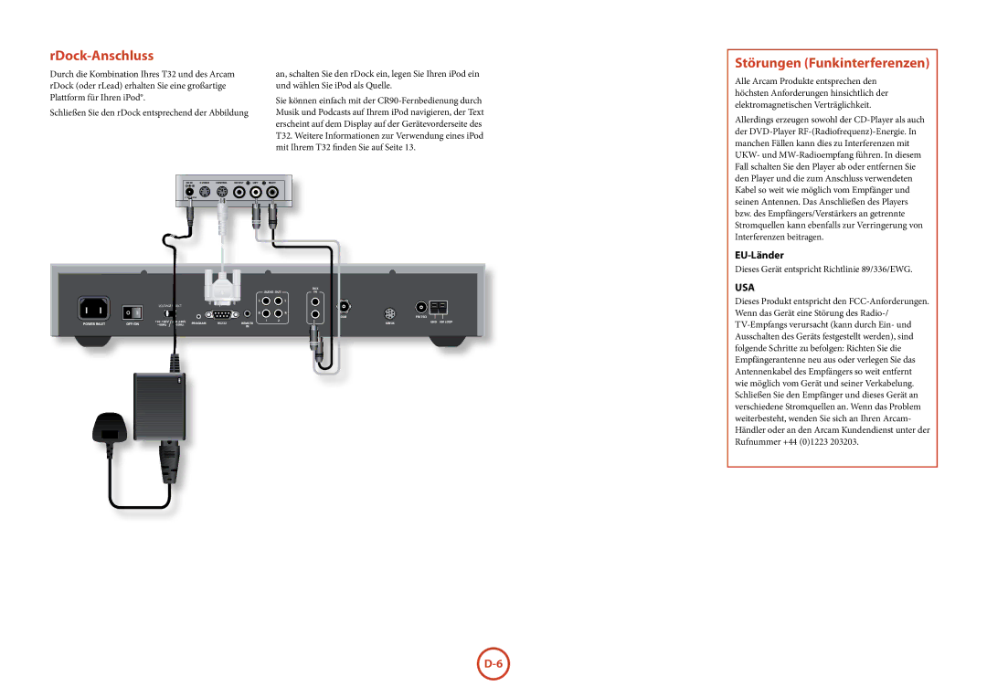 Arcam T32 manual RDock-Anschluss, Störungen Funkinterferenzen, EU-Länder, Dieses Gerät entspricht Richtlinie 89/336/EWG 