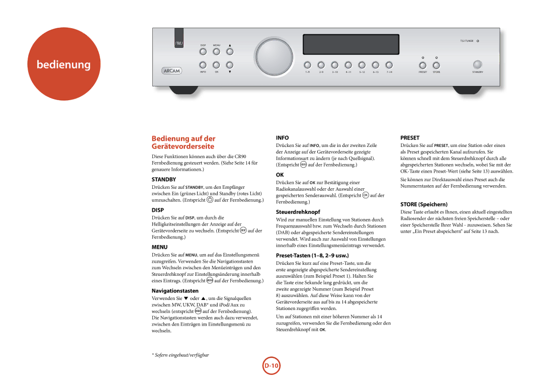 Arcam T32 manual Bedienung auf der Gerätevorderseite 