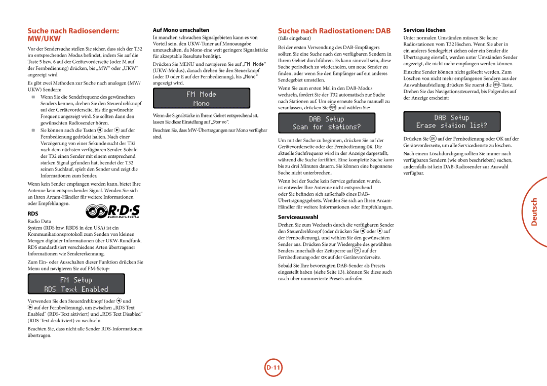 Arcam T32 Suche nach Radiosendern, Suche nach Radiostationen DAB, Auf Mono umschalten, Serviceauswahl, Services löschen 