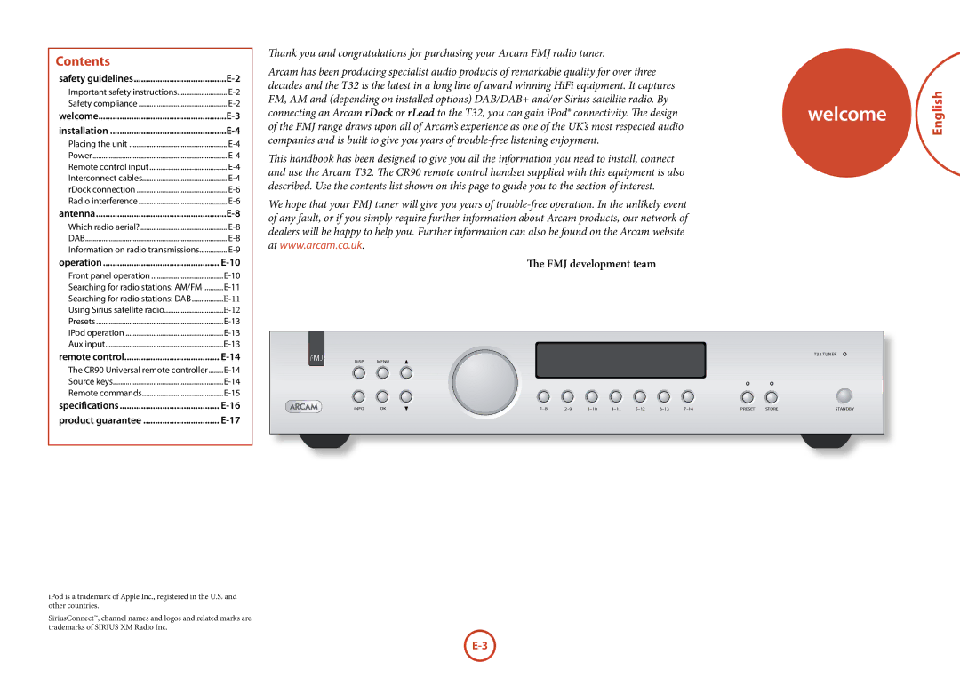 Arcam T32 manual Contents, English 