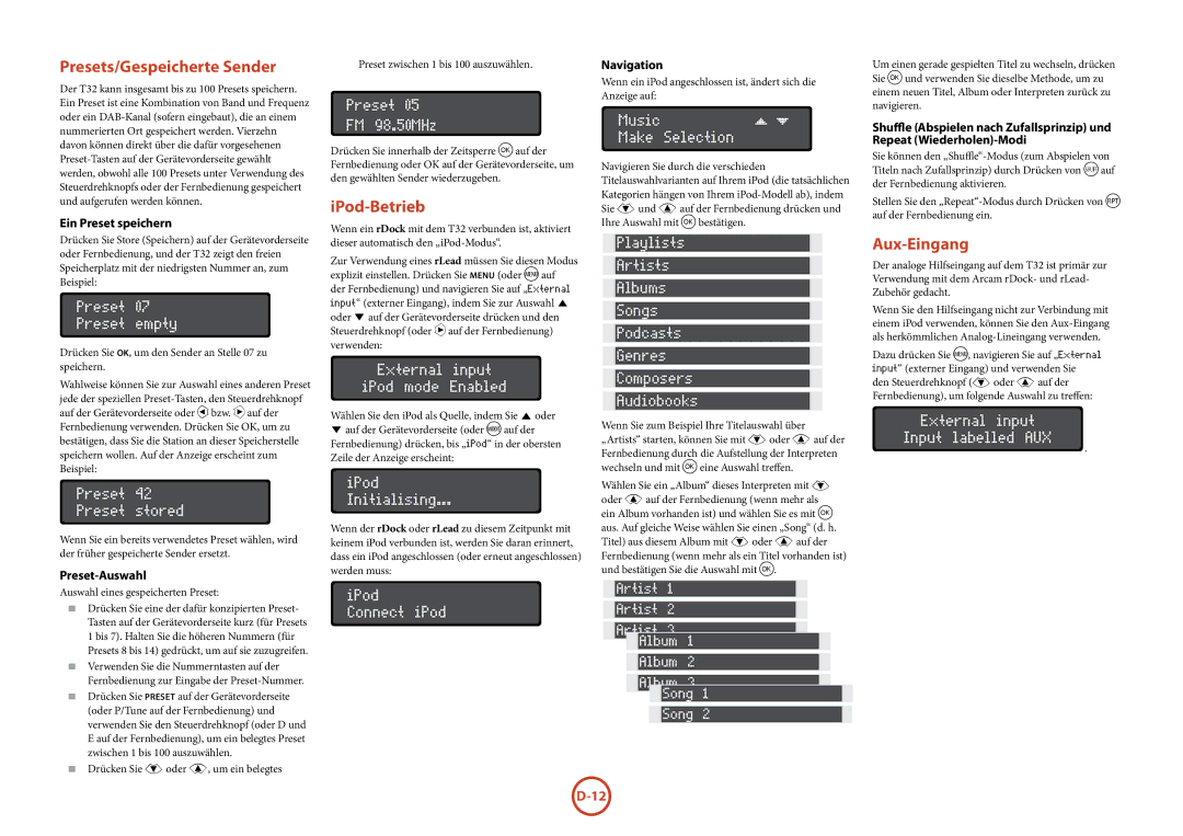 Arcam T32 manual Presets/Gespeicherte Sender, IPod-Betrieb, Aux-Eingang, Ein Preset speichern, Preset-Auswahl 