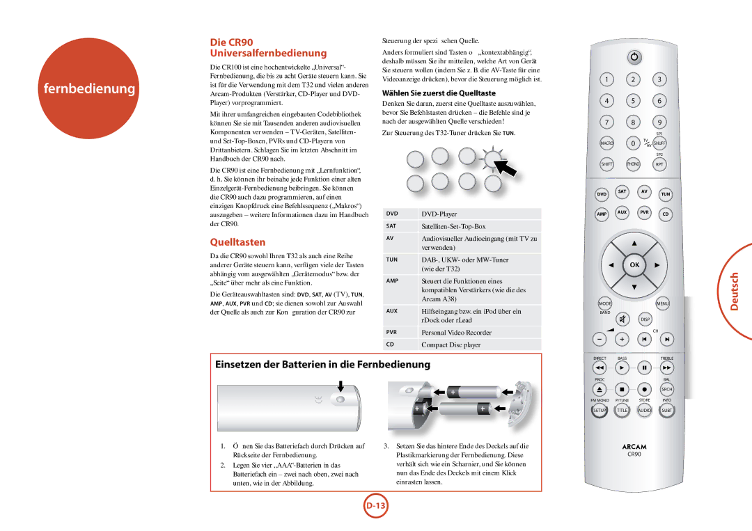 Arcam T32 manual Die CR90 Universalfernbedienung, Quelltasten, Einsetzen der Batterien in die Fernbedienung 