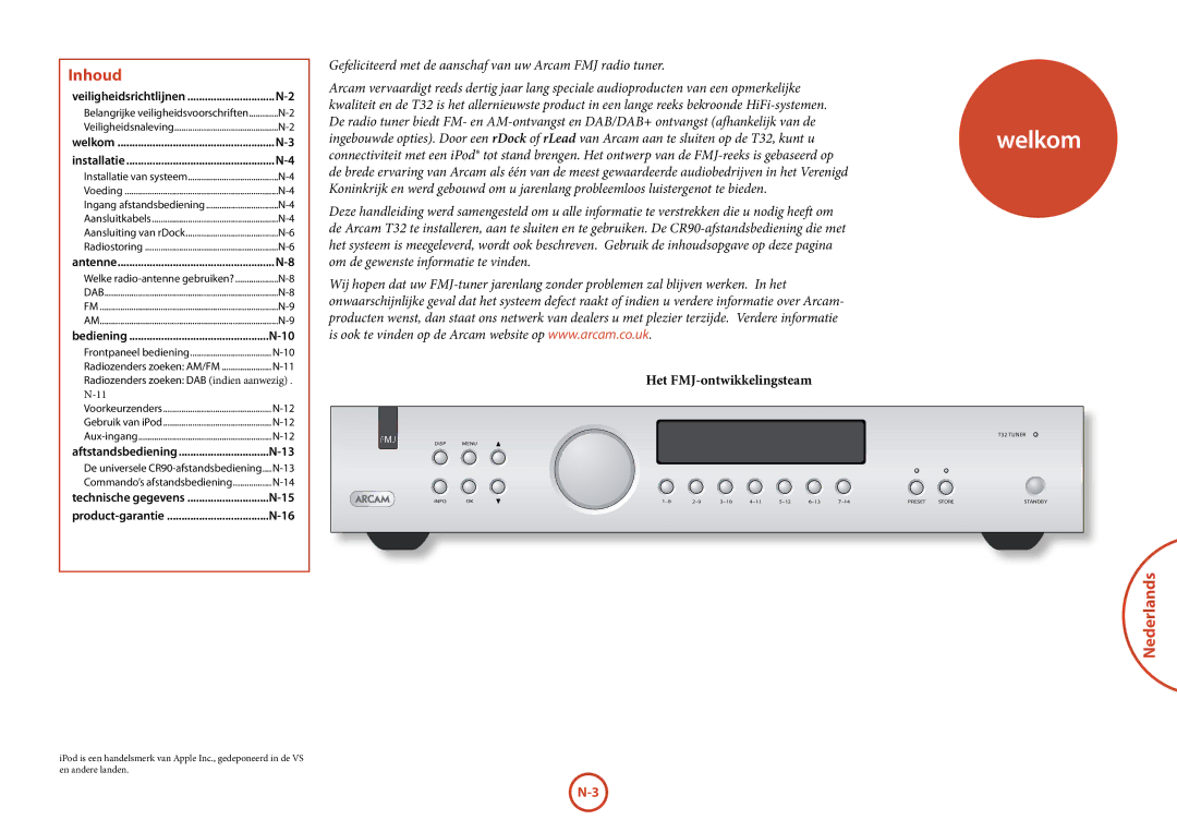 Arcam T32 manual Inhoud, Nederlands 