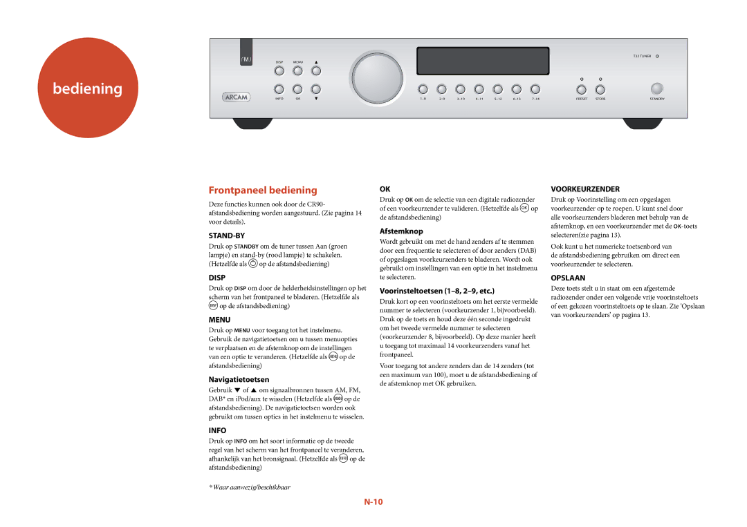 Arcam T32 manual Bediening, Frontpaneel bediening, Navigatietoetsen, Afstemknop, Voorinsteltoetsen 1-8, 2-9, etc 