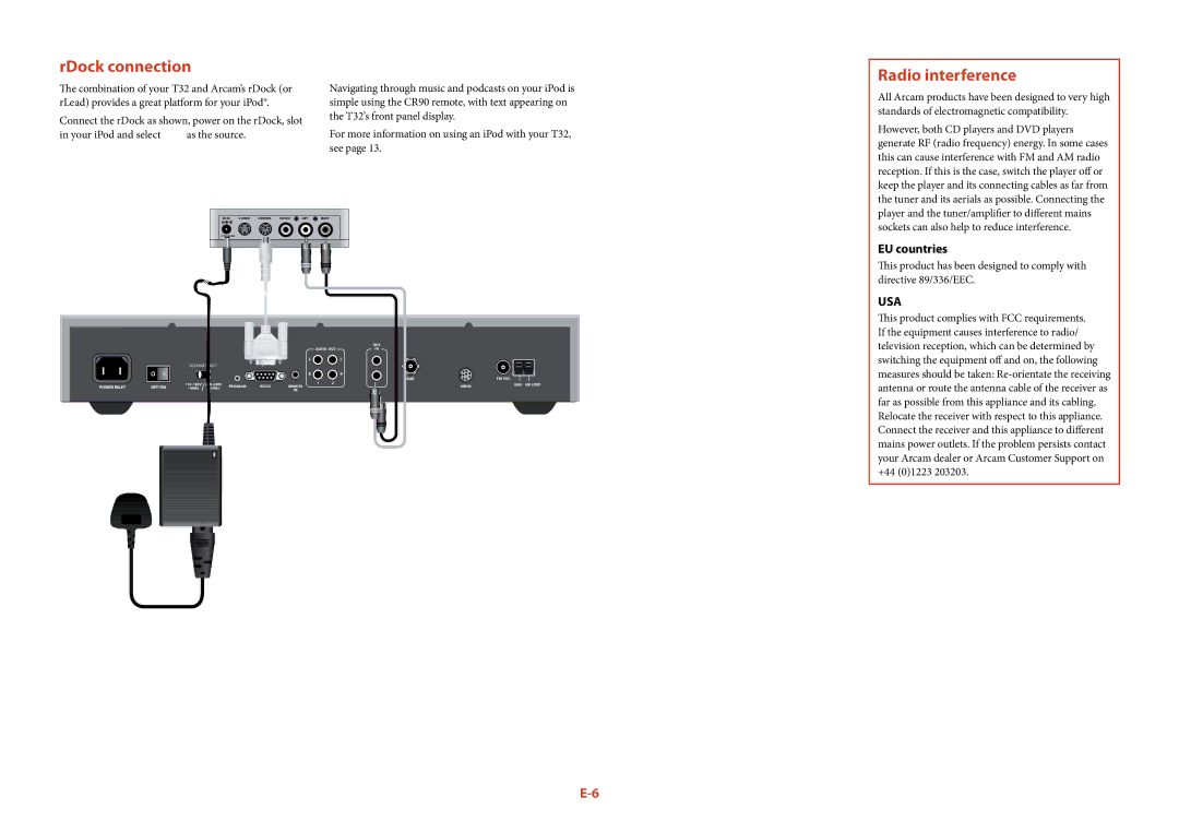 Arcam T32 manual RDock connection, Radio interference, EU countries, Sockets can also help to reduce interference 