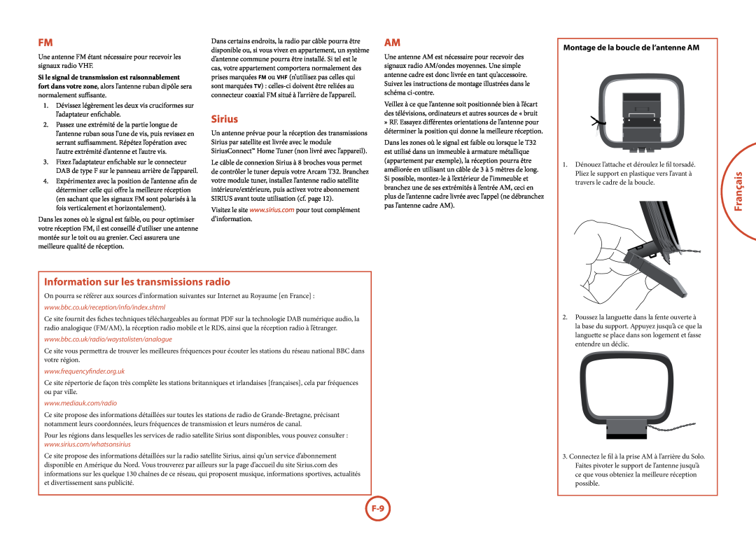 Arcam T32 manual Information sur les transmissions radio, Sirius, Français, Montage de la boucle de l’antenne AM 