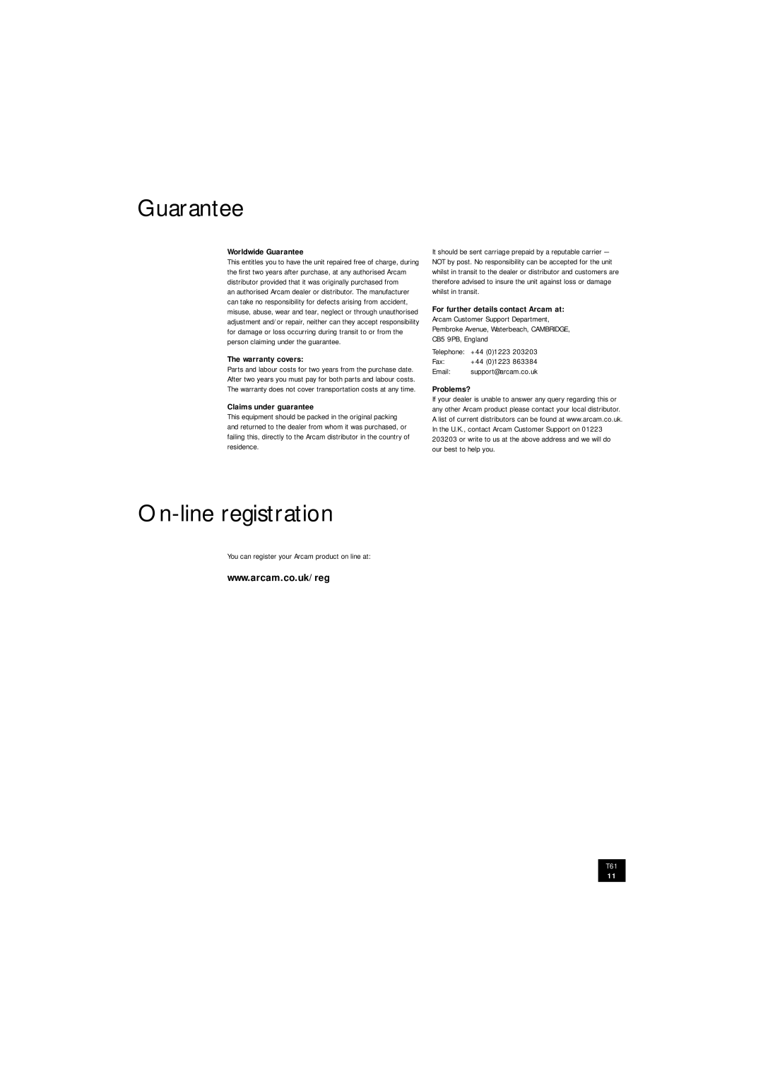 Arcam T61 manual Guarantee, On-line registration 