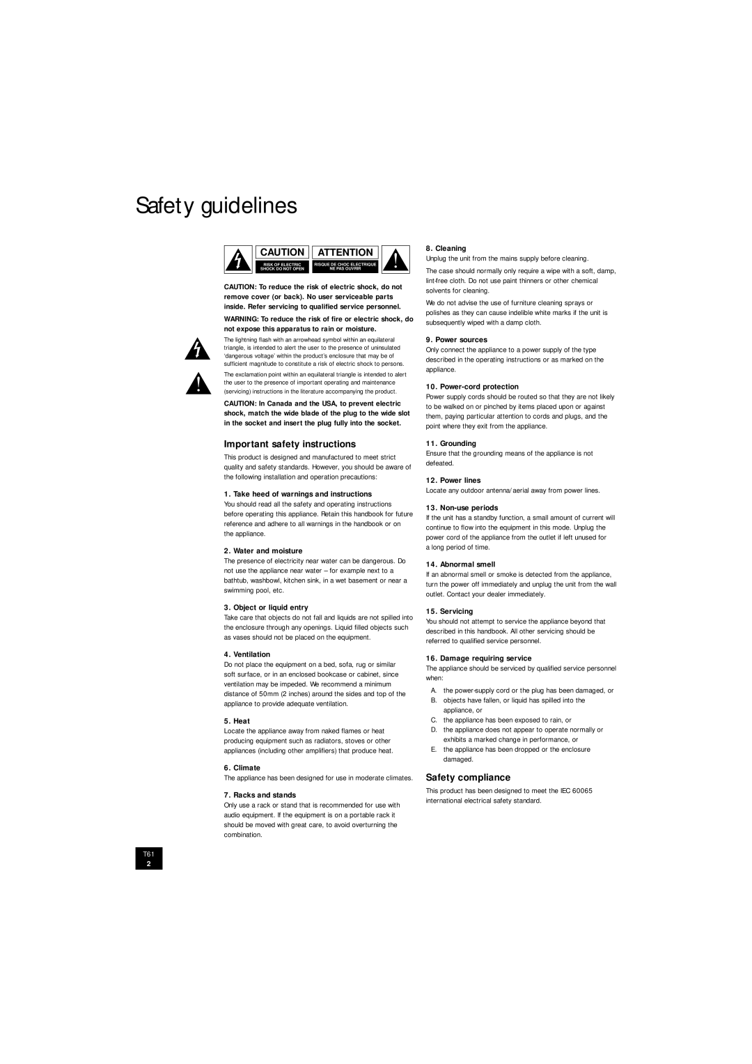 Arcam T61 manual Safety guidelines, Important safety instructions, Safety compliance 