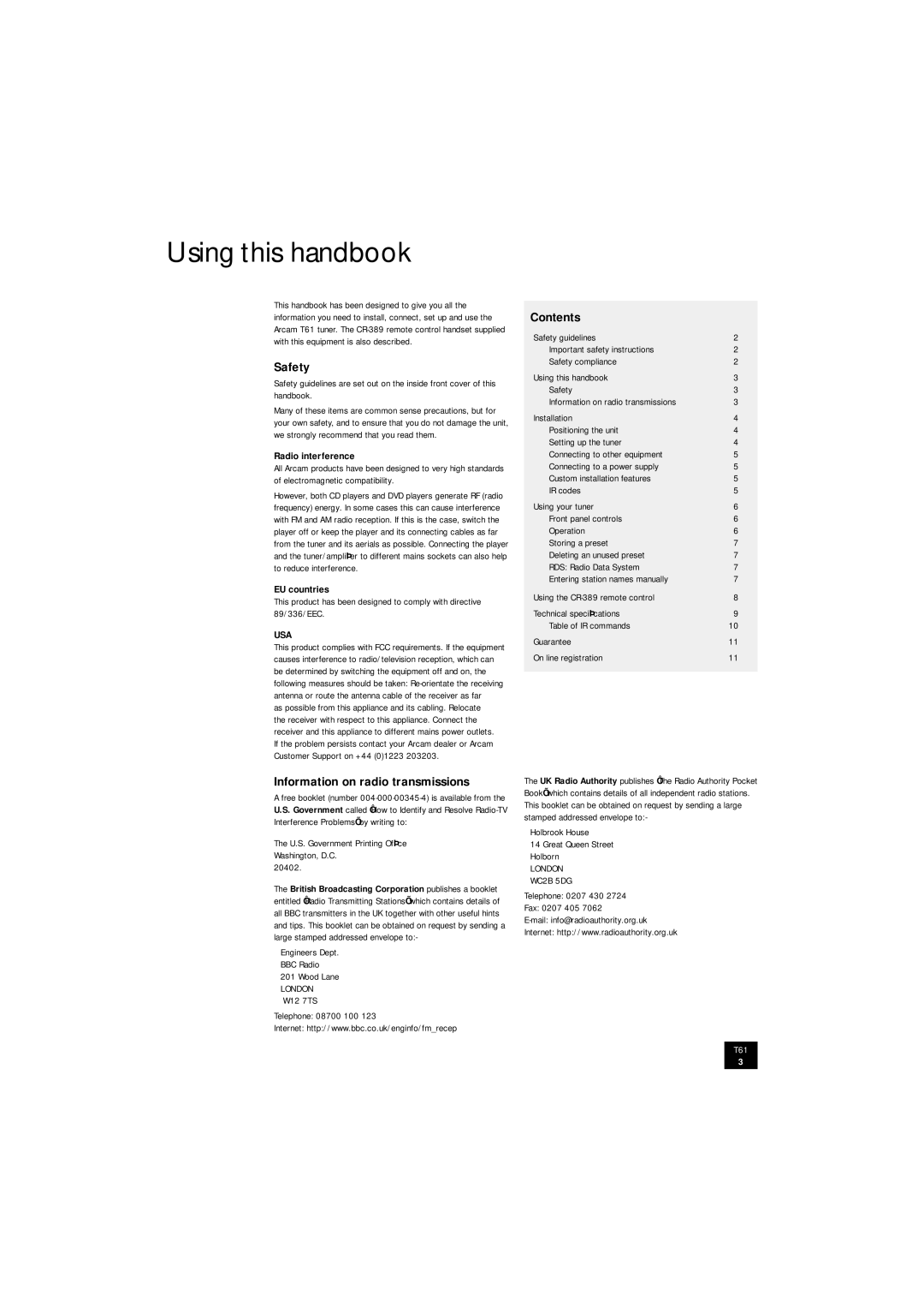 Arcam T61 manual Using this handbook, Safety, Contents, Information on radio transmissions 