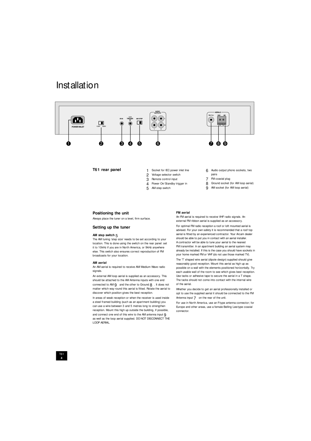 Arcam manual Installation, T61 rear panel, Positioning the unit, Setting up the tuner 