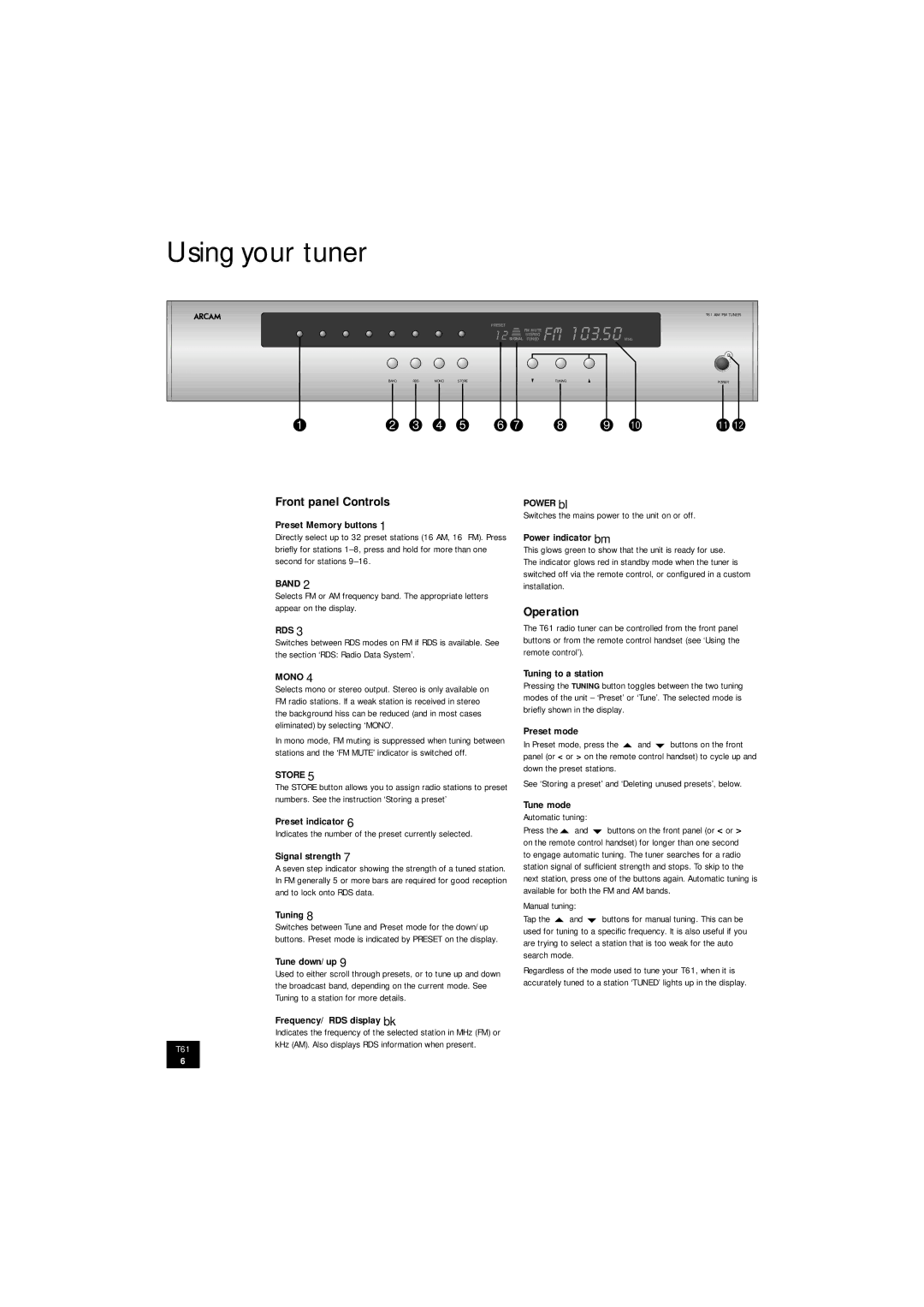 Arcam T61 manual Using your tuner, Front panel Controls, Operation 