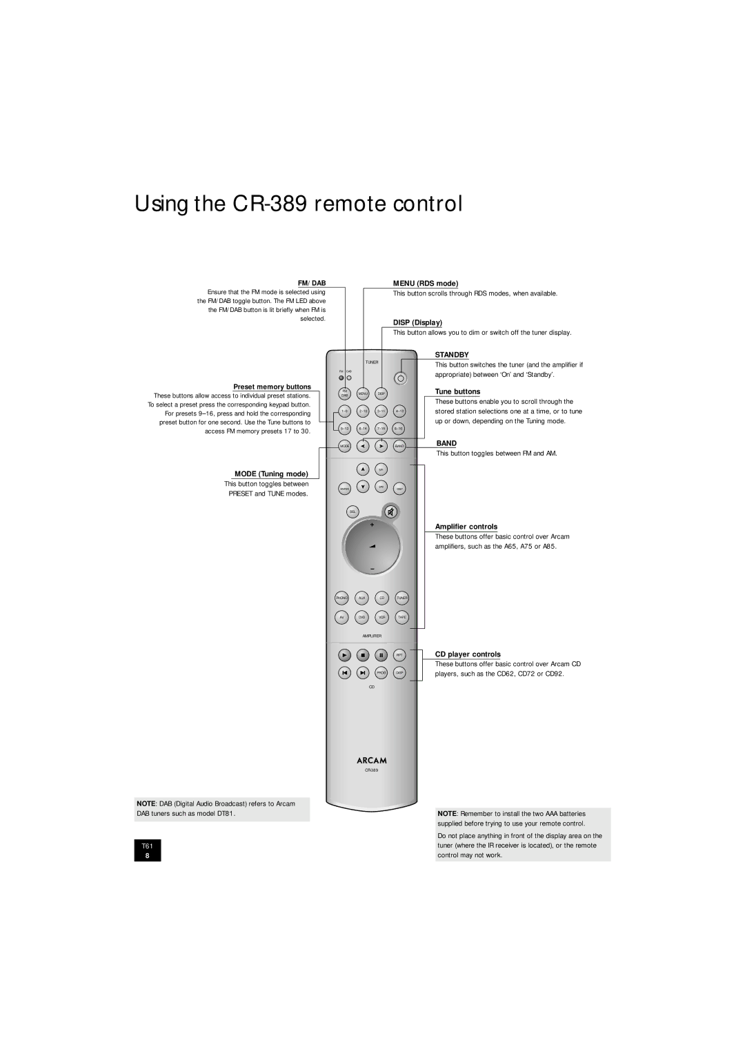 Arcam T61 manual Using the CR-389 remote control, Fm/Dab, Standby 