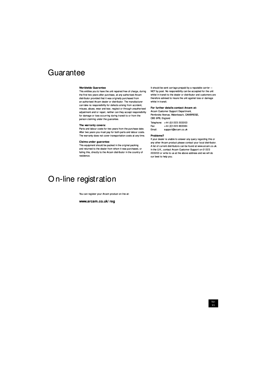Arcam T61 manual Guarantee, On-lineregistration 