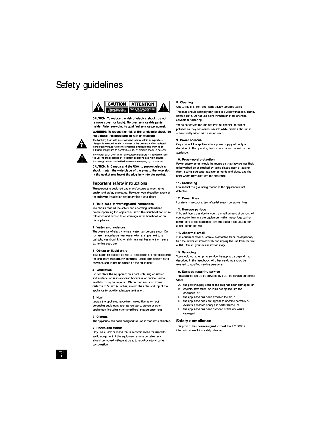 Arcam T61 manual Safety guidelines, Important safety instructions, Safety compliance 