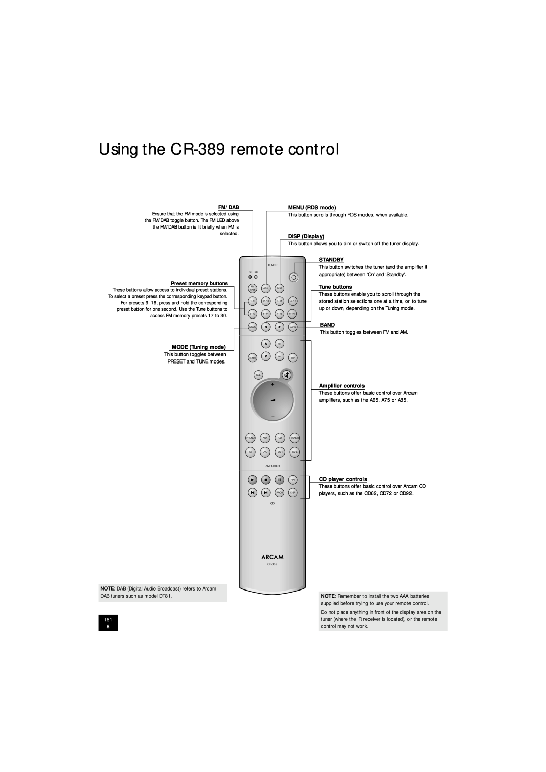 Arcam T61 manual Using the CR-389remote control 