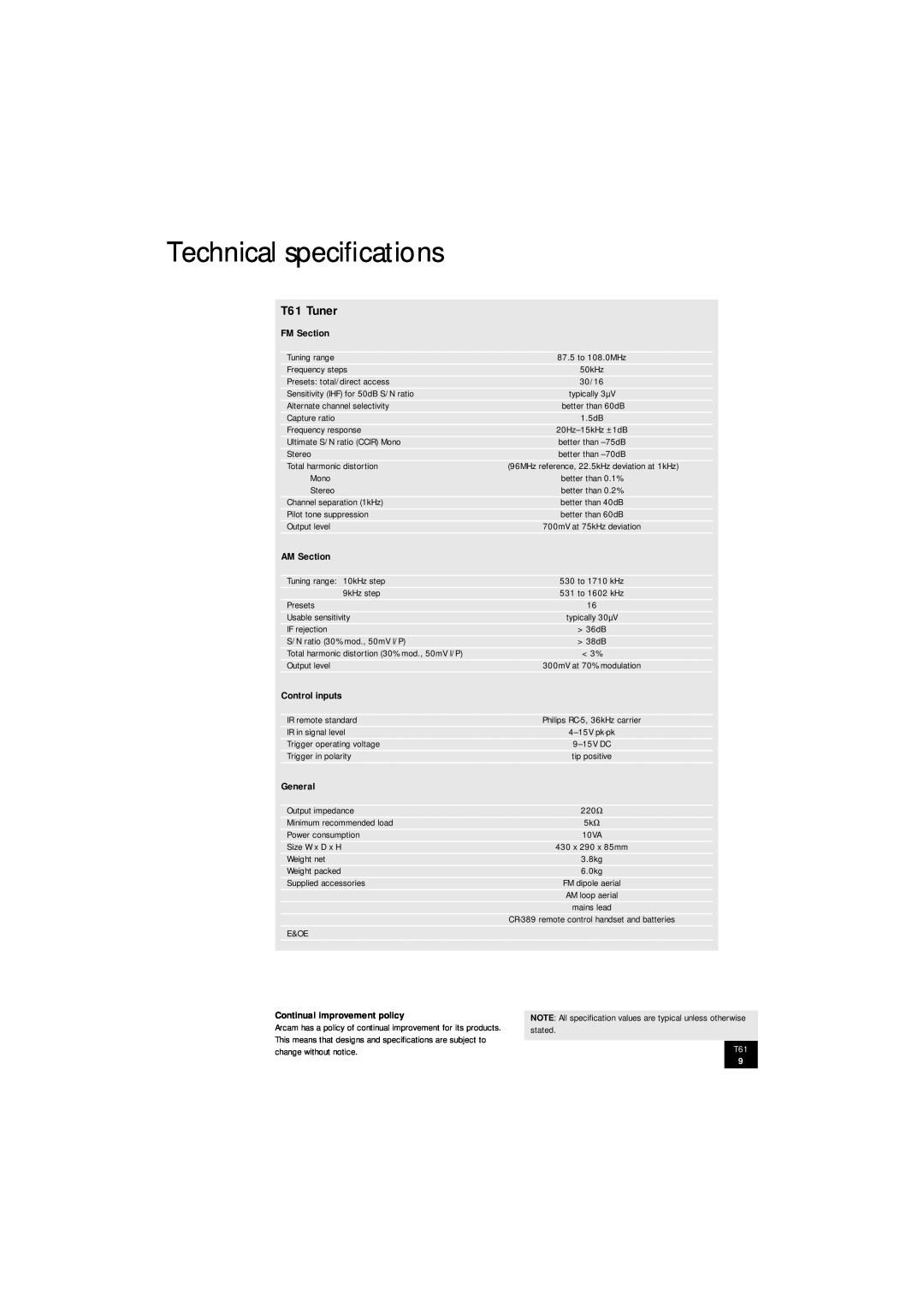 Arcam manual Technical speciﬁcations, T61 Tuner 