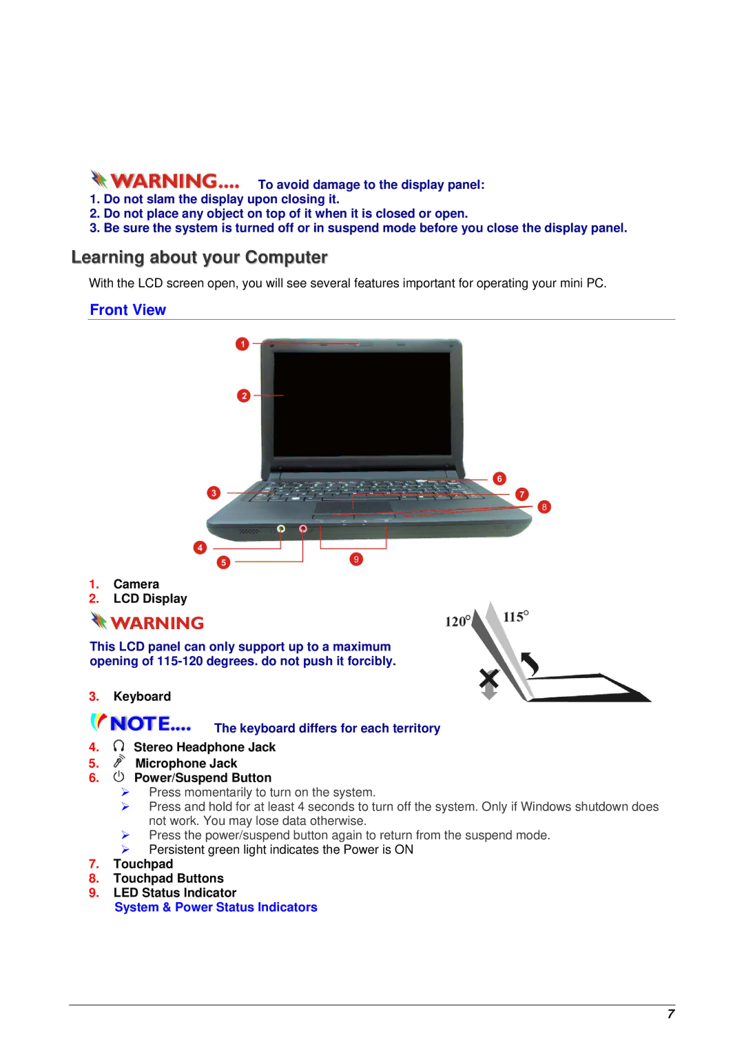 Archos 10 user manual Learning about your Computer, Front View 