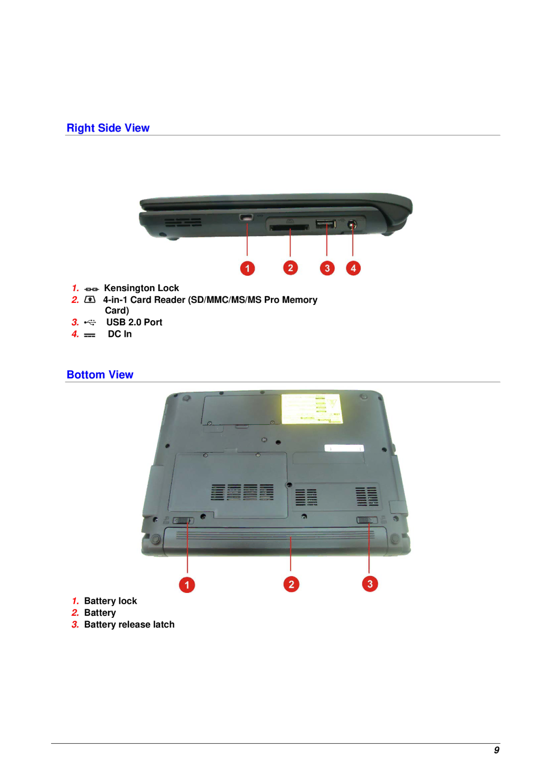 Archos 10 user manual Right Side View, Bottom View 