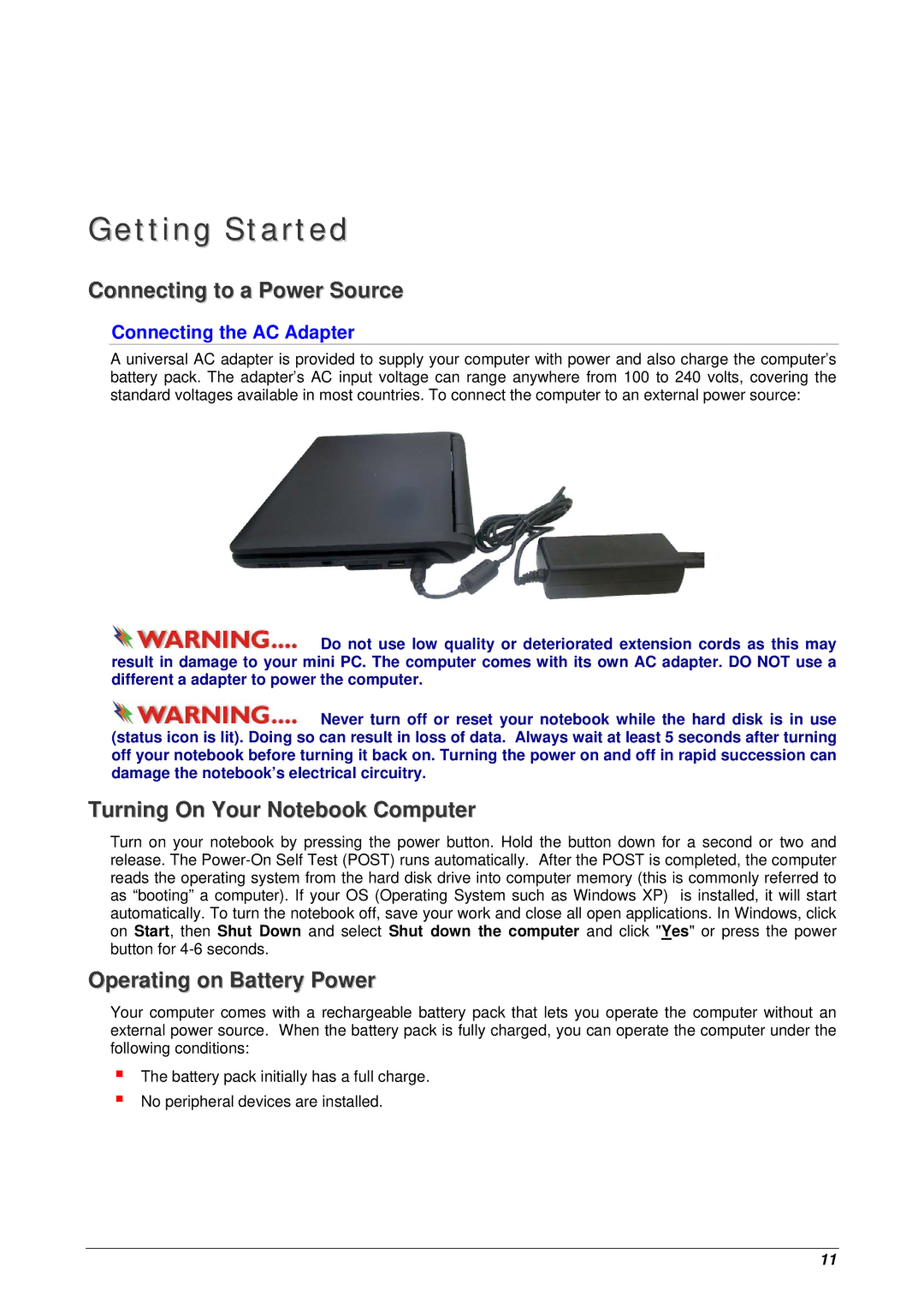 Archos 10 Getting Started, Connecting to a Power Source, Turning On Your Notebook Computer, Operating on Battery Power 