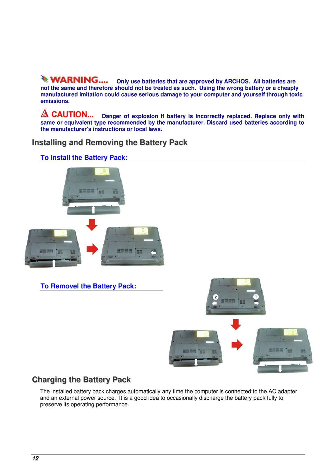 Archos 10 user manual Installing and Removing the Battery Pack, Charging the Battery Pack 