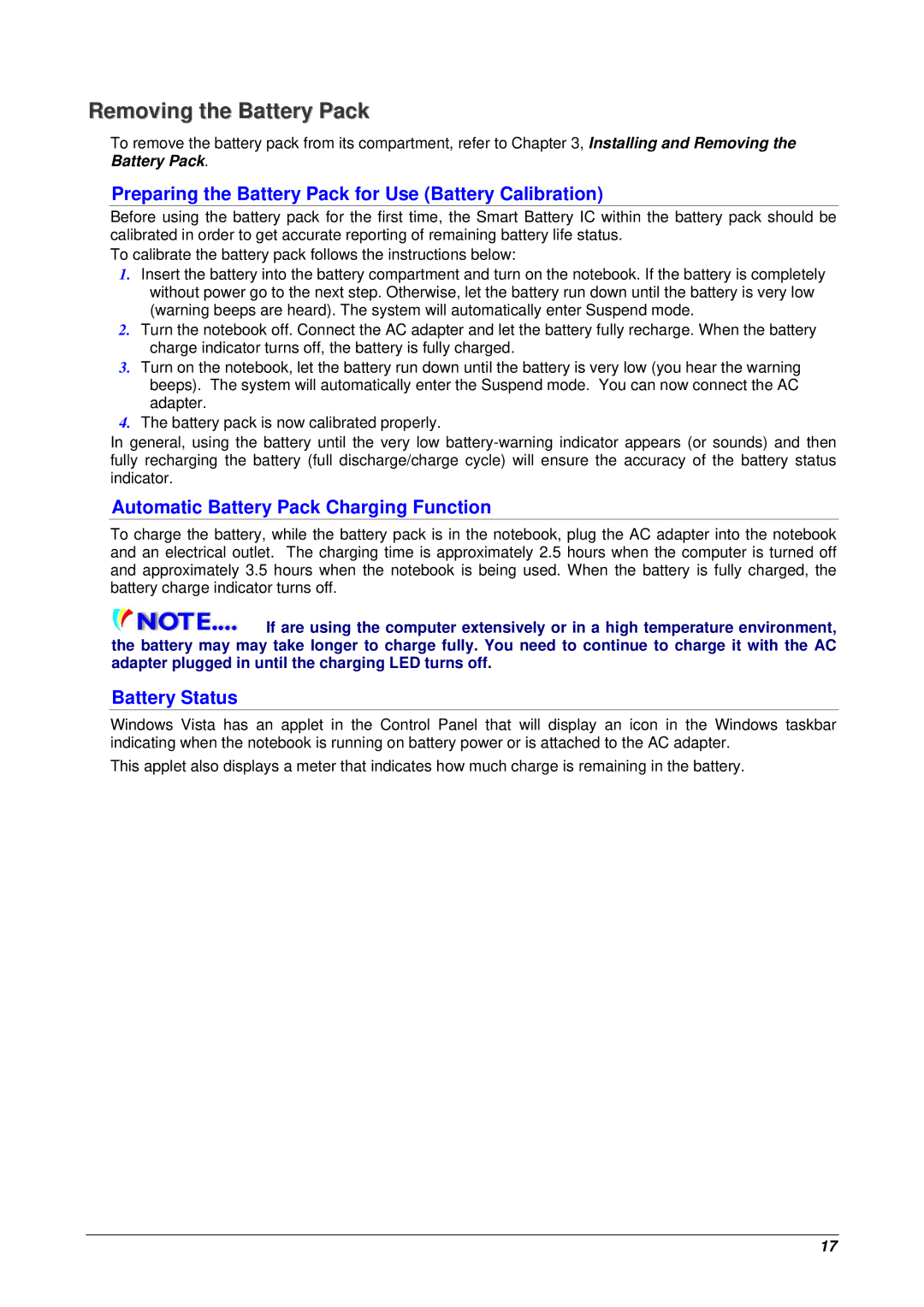 Archos 10 user manual Removing the Battery Pack, Preparing the Battery Pack for Use Battery Calibration, Battery Status 