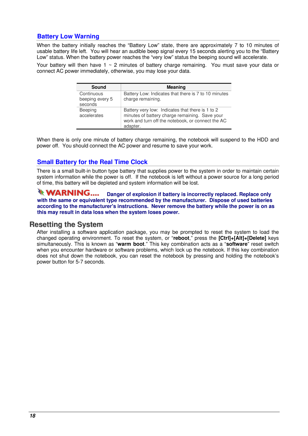 Archos 10 user manual Resetting the System, Battery Low Warning, Small Battery for the Real Time Clock 