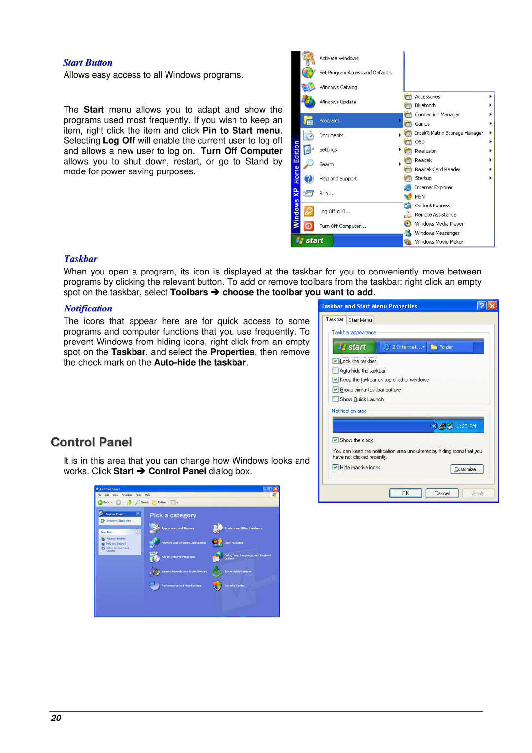 Archos 10 user manual Control Panel, Start Button, Taskbar, Notification 