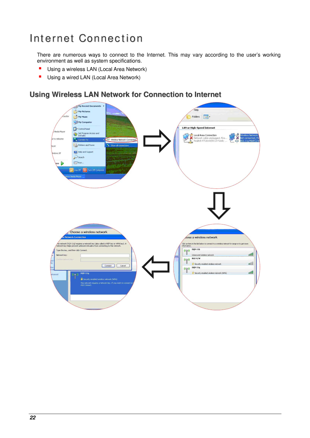 Archos 10 user manual Internet Connection, Using Wireless LAN Network for Connection to Internet 