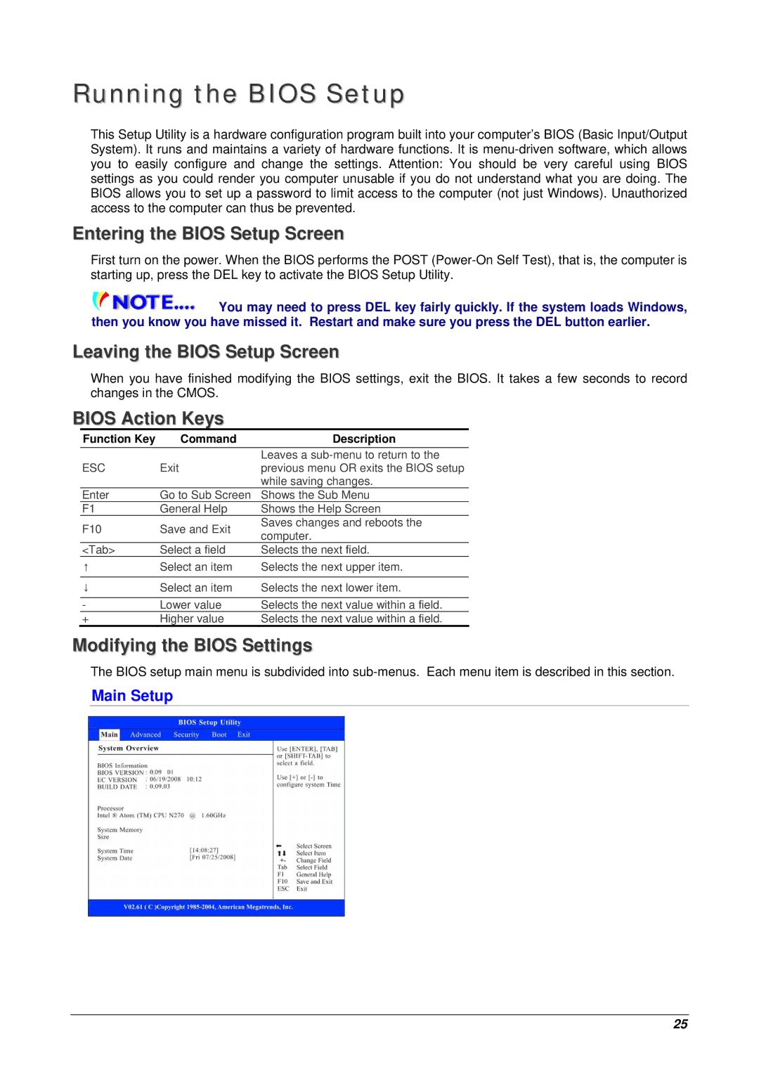 Archos 10 Running the Bios Setup, Entering the Bios Setup Screen, Leaving the Bios Setup Screen, Bios Action Keys 