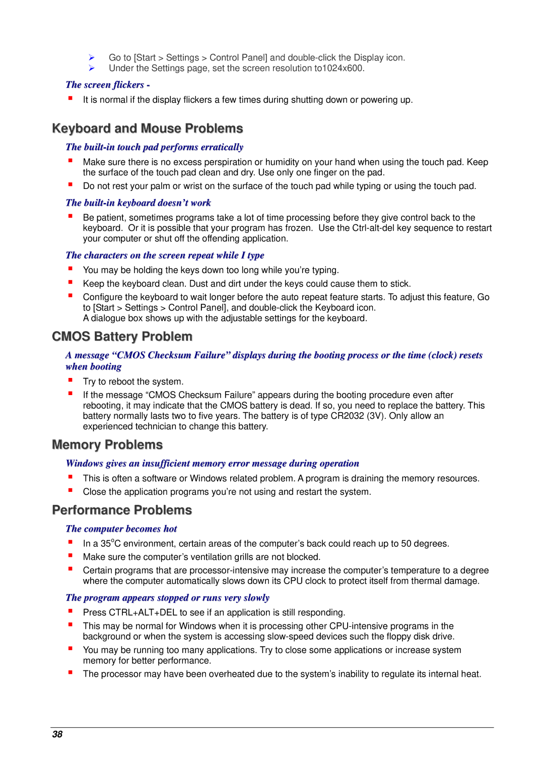 Archos 10 user manual Keyboard and Mouse Problems, Cmos Battery Problem, Memory Problems, Performance Problems 