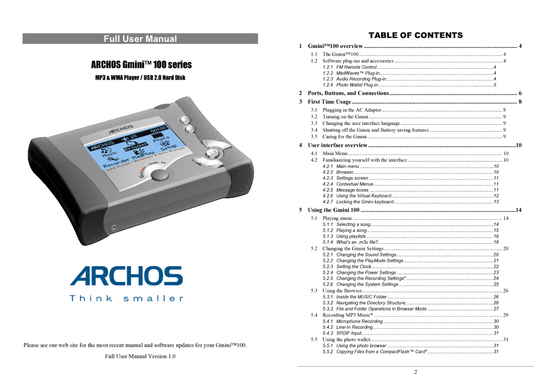 Archos user manual Archos Gmini 100 series 