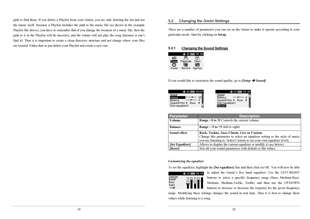 Archos 100 series user manual Changing the Gmini Settings, Changing the Sound Settings, Customizing the equalizer 