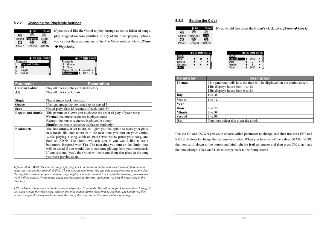 Archos 100 series user manual Changing the PlayMode Settings, Setting the Clock 