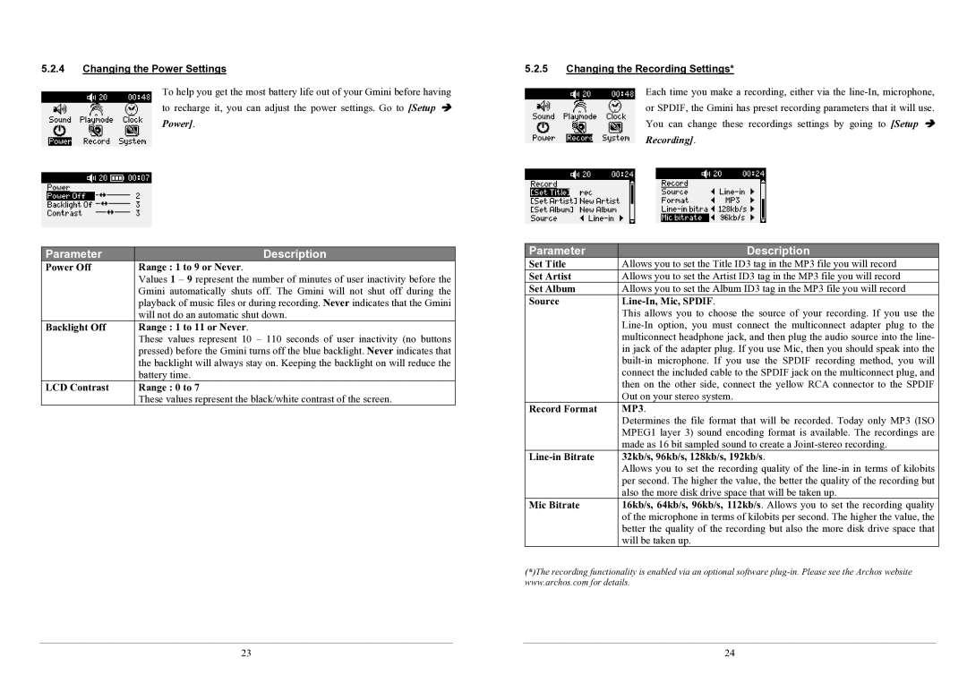 Archos 100 series user manual Changing the Power Settings, Changing the Recording Settings 