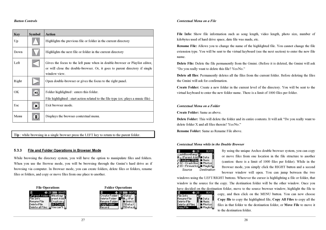 Archos 100 series user manual Button Controls, Contextual Menu on a File, Contextual Menu on a Folder 