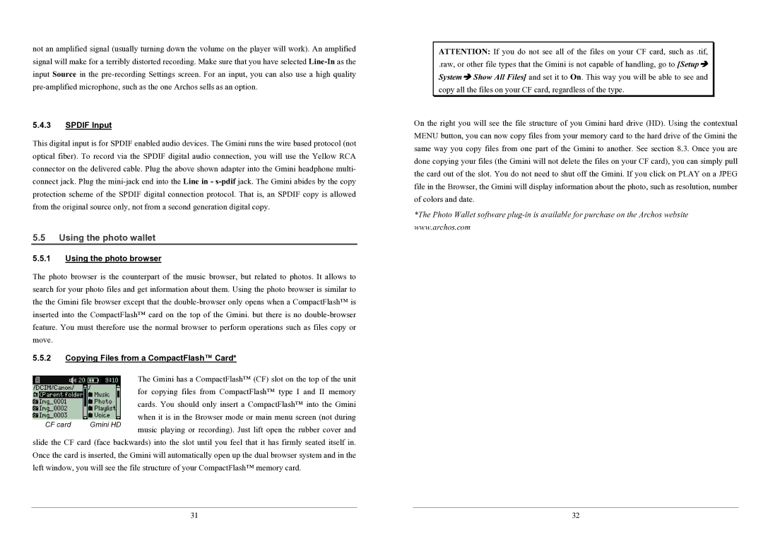Archos 100 series Using the photo wallet, Spdif Input, Using the photo browser, Copying Files from a CompactFlash Card 