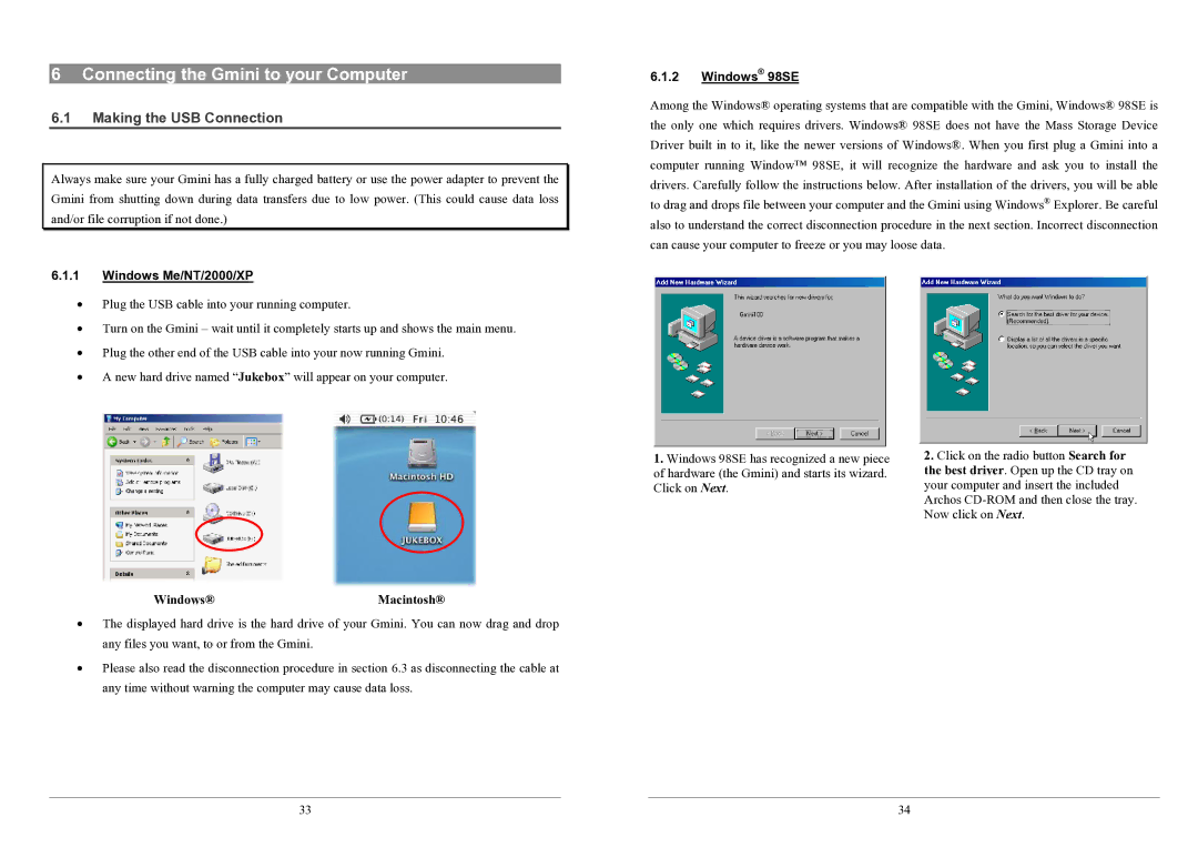 Archos 100 series Connecting the Gmini to your Computer, Making the USB Connection, Windows Me/NT/2000/XP, Windows 98SE 