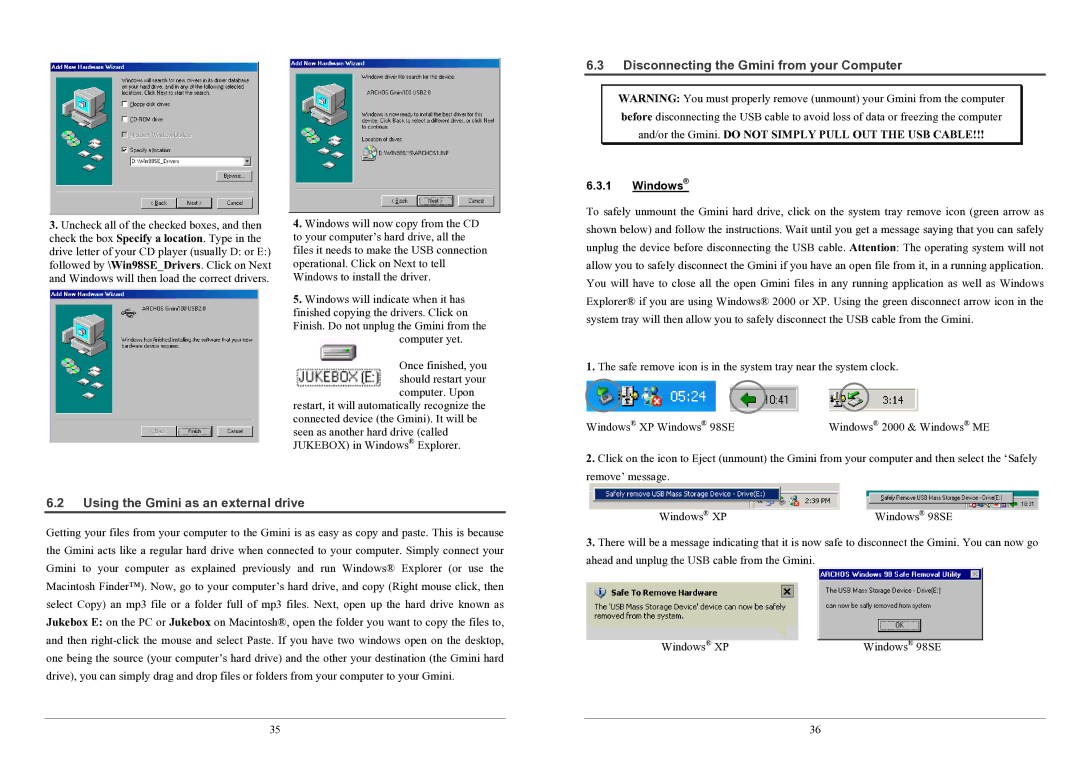 Archos 100 series user manual Disconnecting the Gmini from your Computer, Using the Gmini as an external drive, Windows 