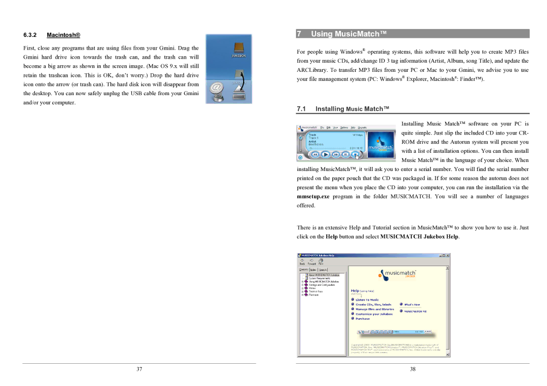 Archos 100 series user manual Using MusicMatch, Installing Music Match, Macintosh 