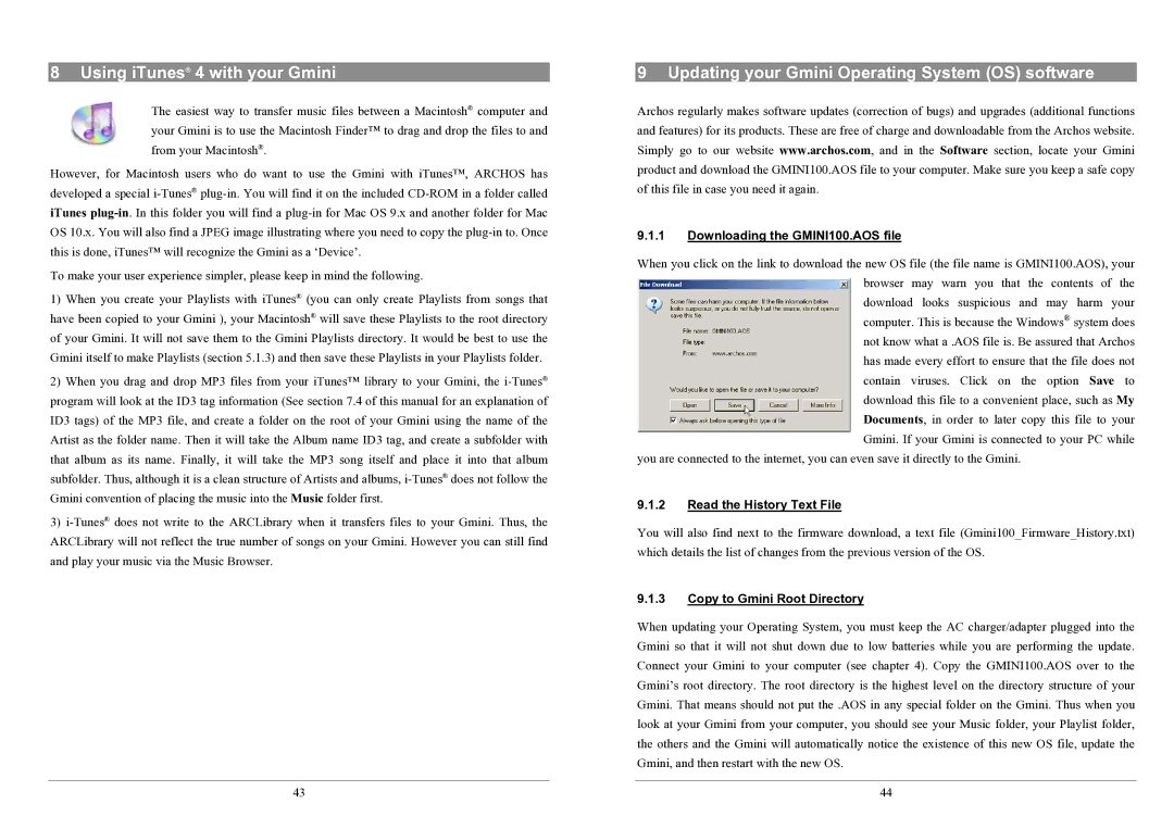 Archos 100 series user manual Using iTunes 4 with your Gmini, Updating your Gmini Operating System OS software 