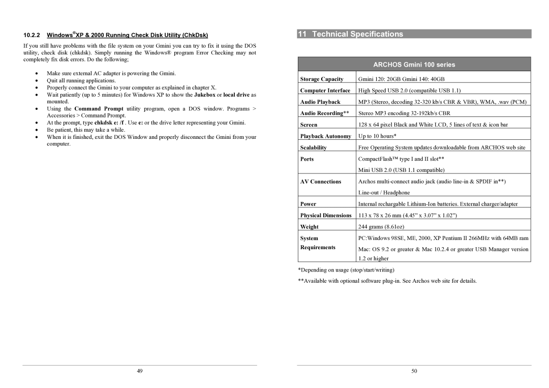 Archos 100 series user manual Technical Specifications, WindowsXP & 2000 Running Check Disk Utility ChkDsk 